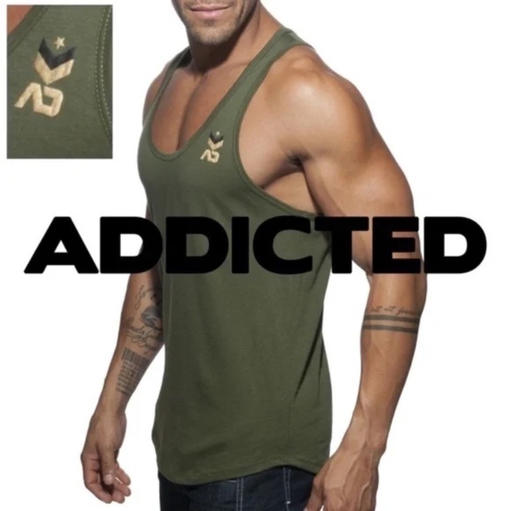 Addicted Military Tank Top Large Gently worn 100% cotton 19" armpit to armpit